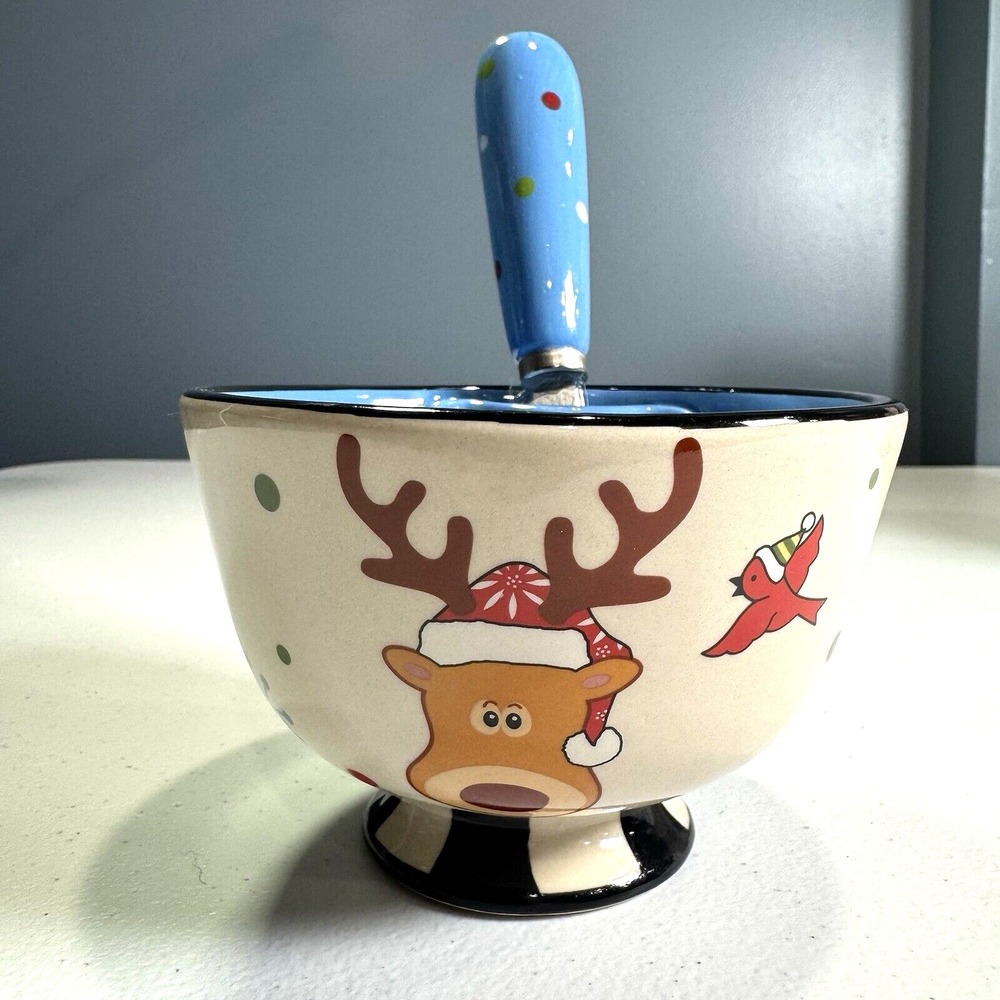 Temptations By Tara, Christmas Reindeer Appetizer Bowl with Knife Spreader‎ Set